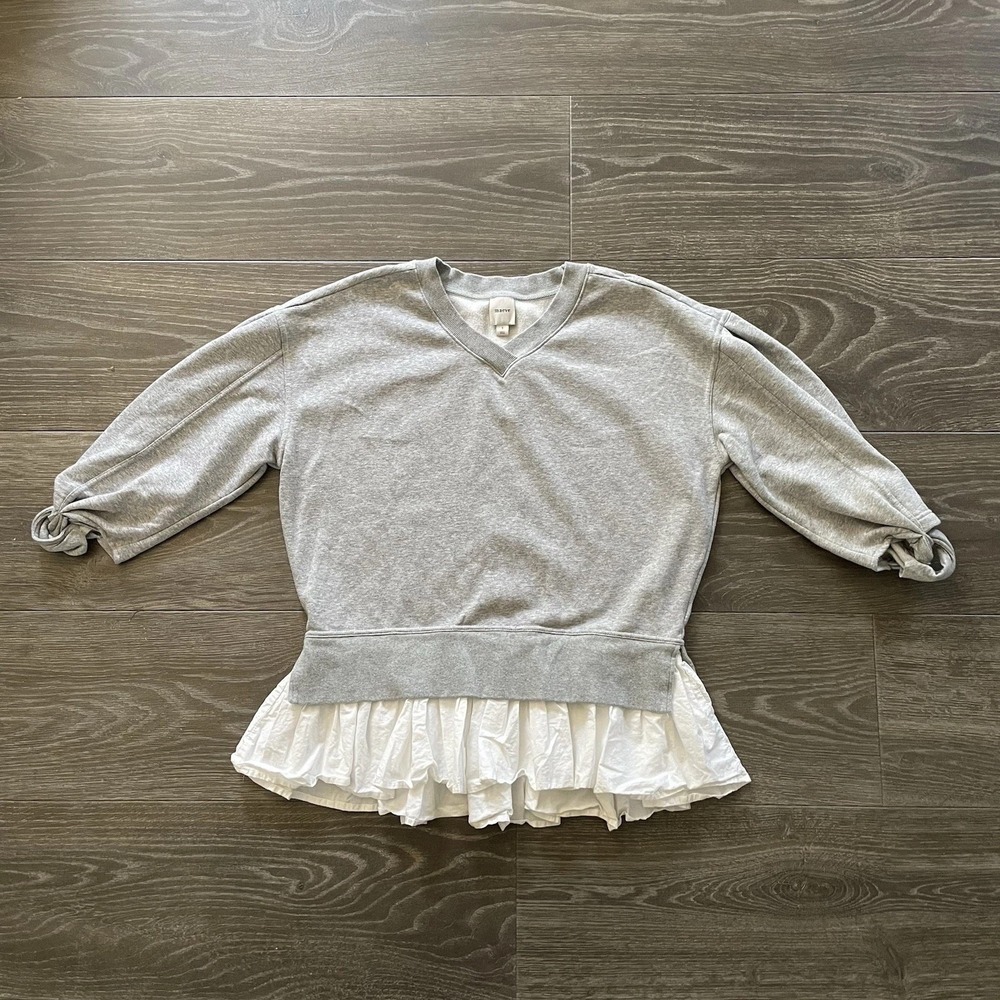 Womens S MAEVE Anthropologie Gray V-Neck Twofer Pullover Sweatshirt White Boho - Picture 3 of 12